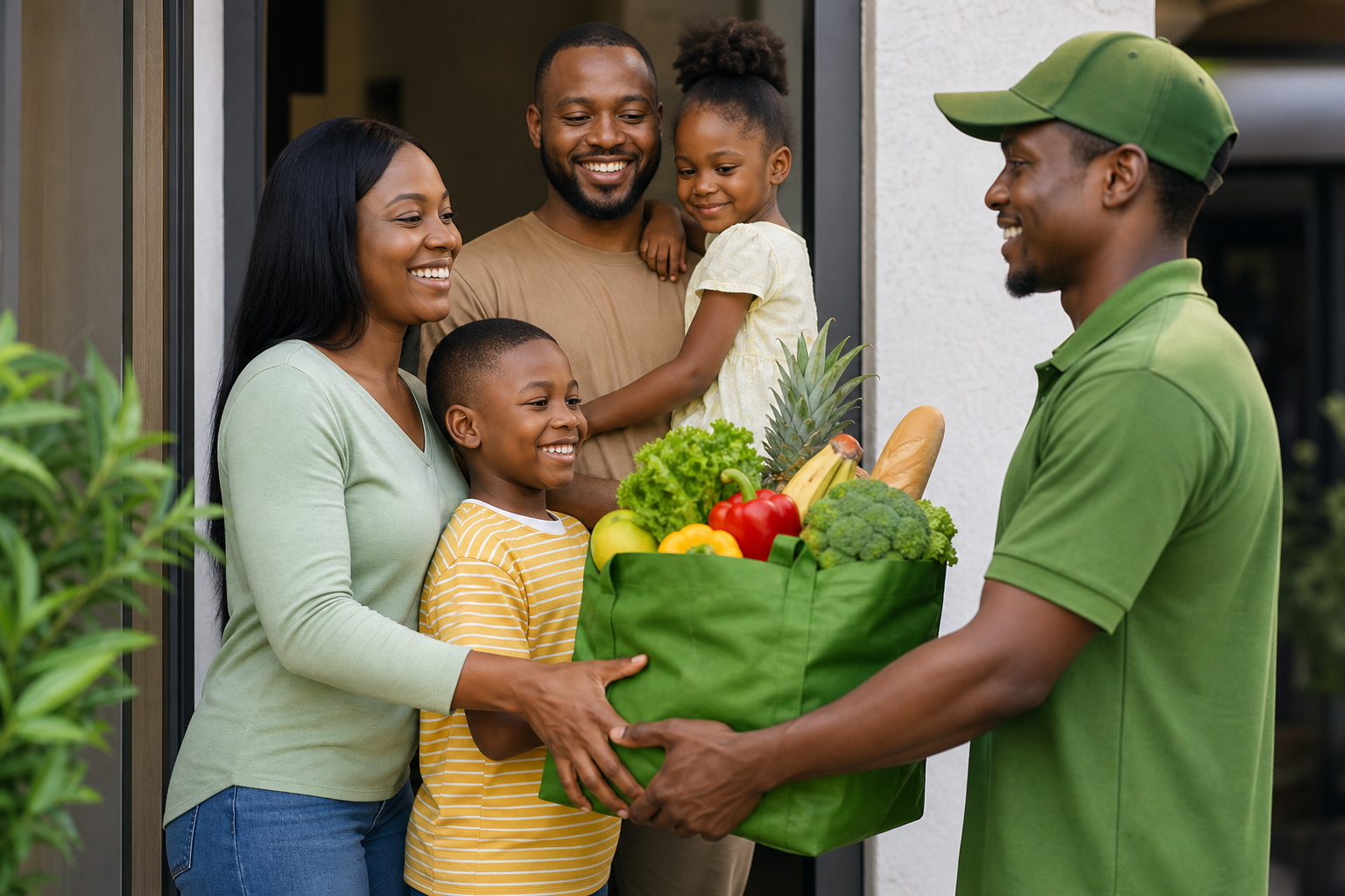 Nigerian family receiving fresh groceries from Market Mingle delivery