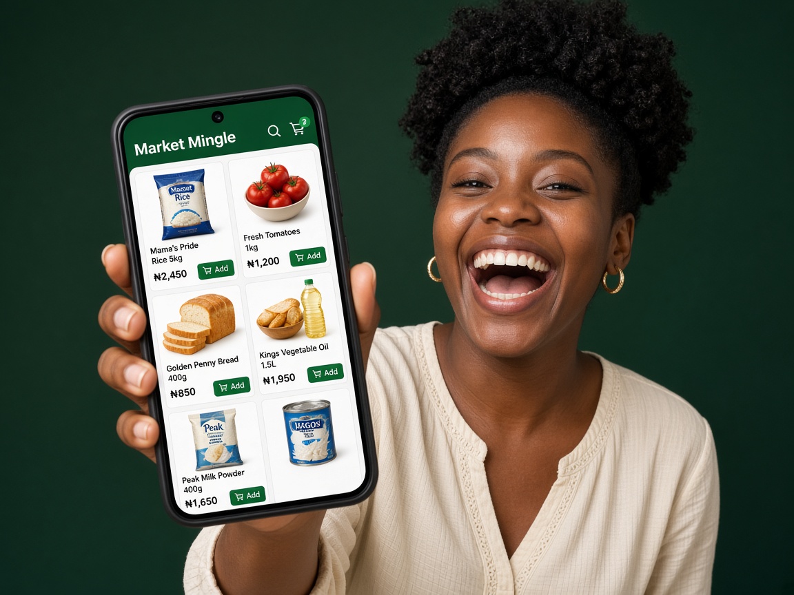 Excited customer holding a phone with the Market Mingle shop on screen