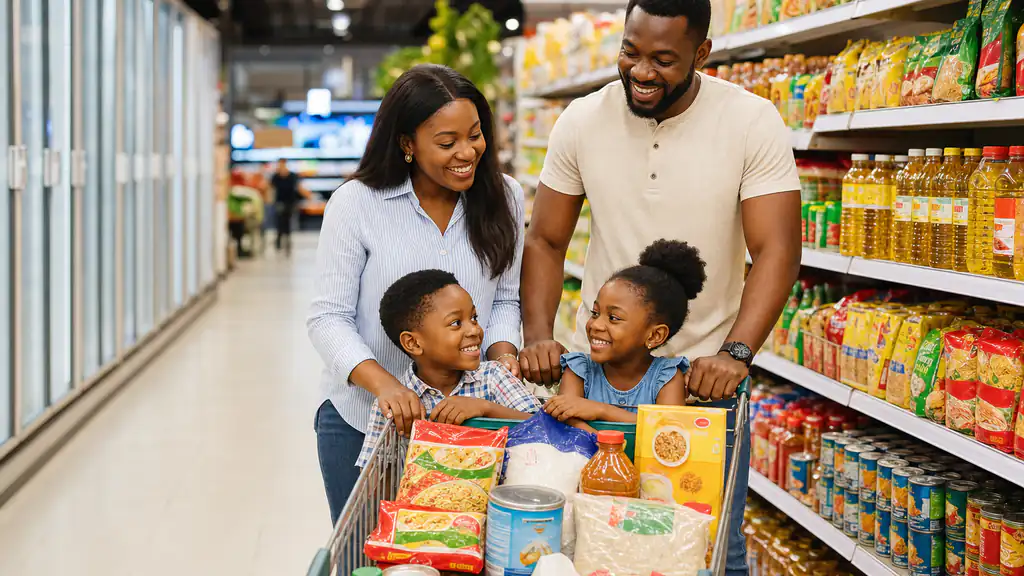 Young Nigerian parents shopping with their children in a supermarket